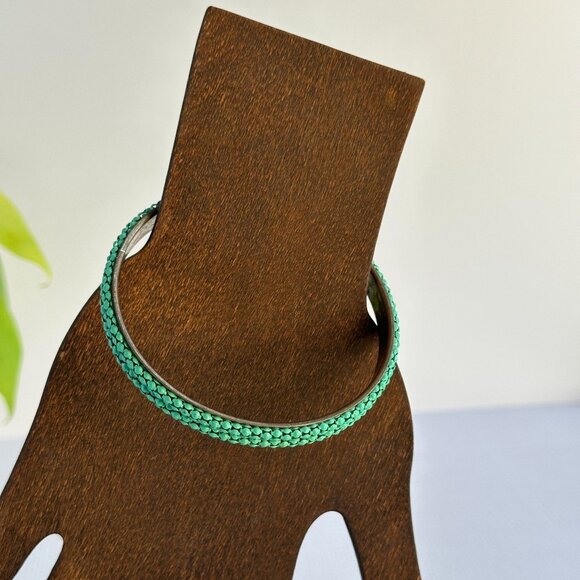 Vintage Brass Bangle with Green Metal Studs - Picture 3 of 8